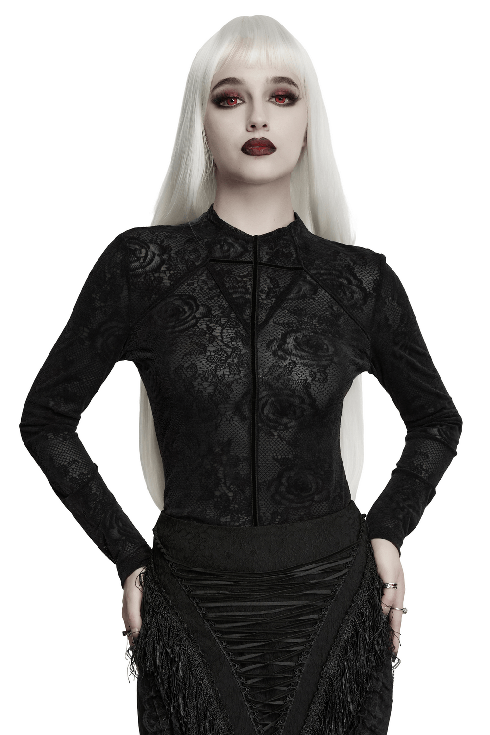 Women's Gothic Rose Lace Long-Sleeved Mesh Top modeled with sheer lace detailing and a sleek silhouette.