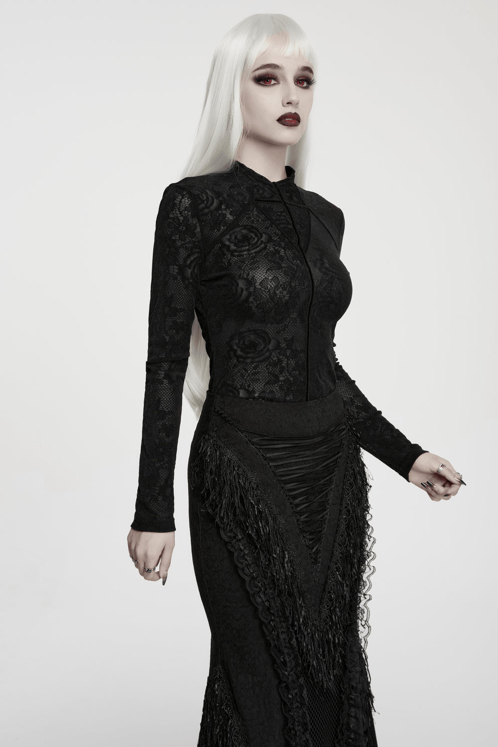 Women's Gothic Rose Lace Long-Sleeved Mesh Top featuring sheer floral lace and fitted silhouette.
