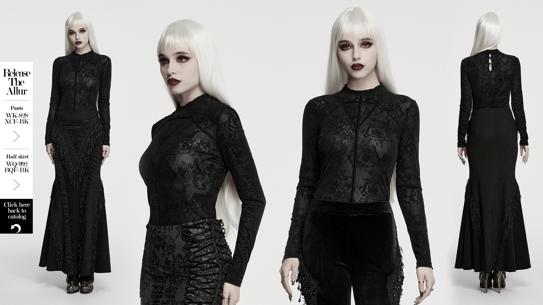 Women's Gothic Rose Lace Long-Sleeved Mesh Top, showcasing a fitted silhouette and sheer rose lace pattern.
