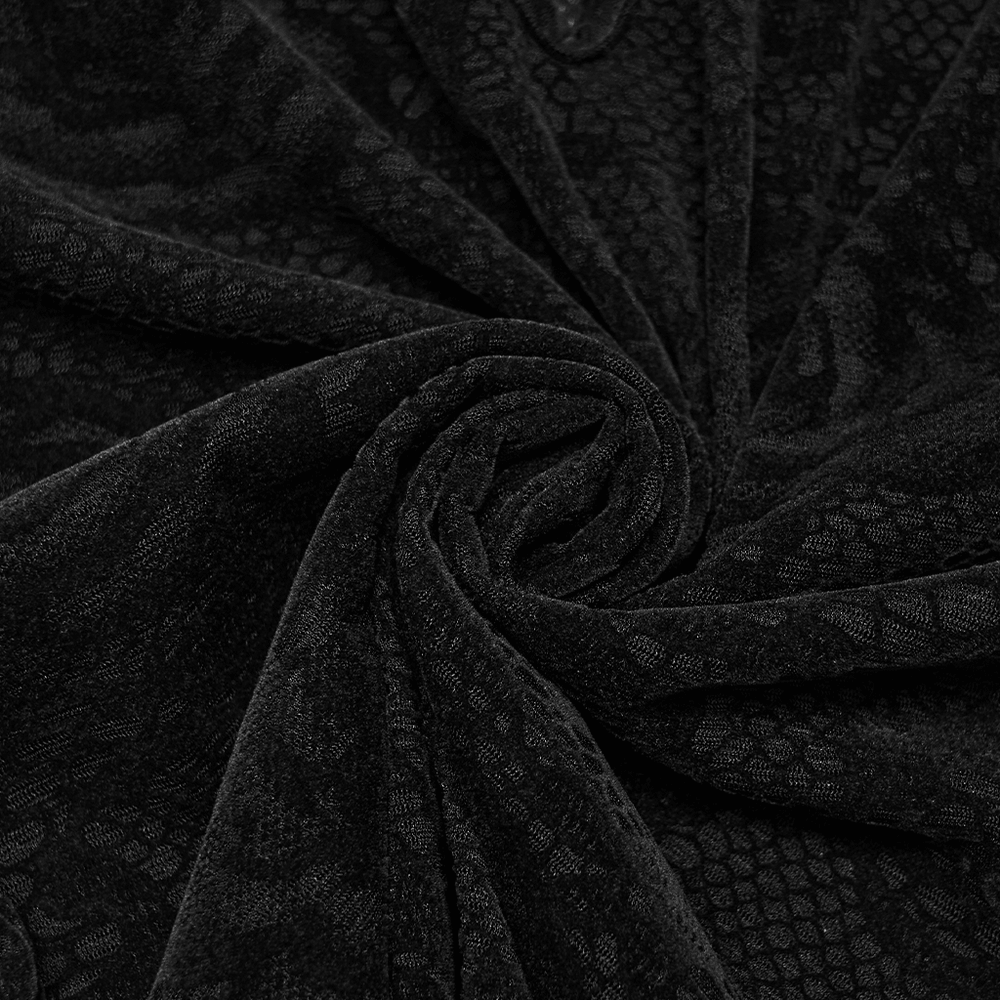 Women's Gothic Rose Lace Long-Sleeved Mesh Top fabric detail showcasing black embossed velvet texture.