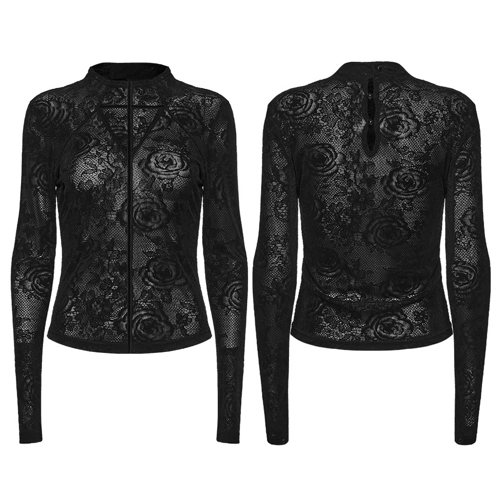Women's Gothic Rose Lace Long-Sleeved Mesh Top featuring sheer floral lace and a fitted silhouette in black.