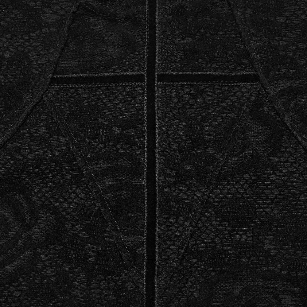 Close-up of Women's Gothic Rose Lace Long-Sleeved Mesh Top showcasing intricate sheer rose lace pattern.