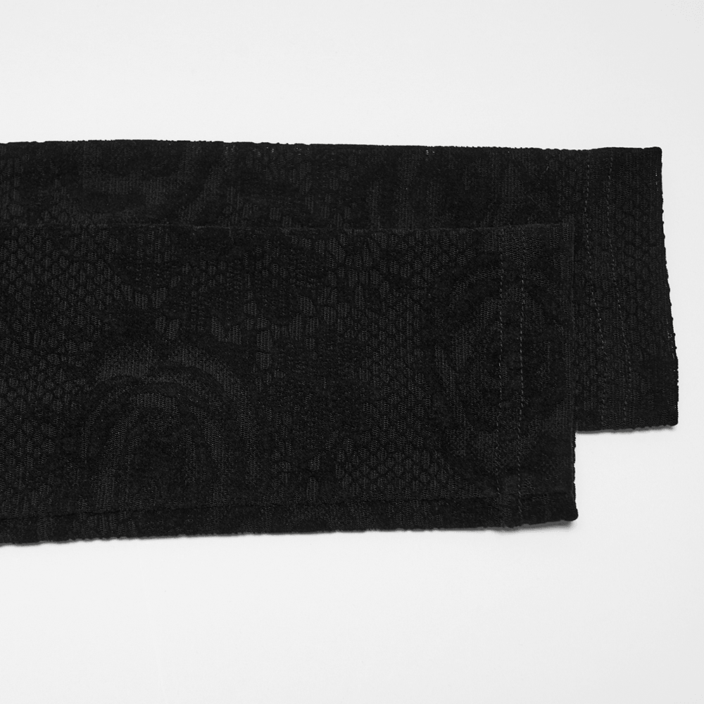 Women's Gothic Rose Lace Long-Sleeved Mesh Top fabric close-up showing rose pattern in black velvet.