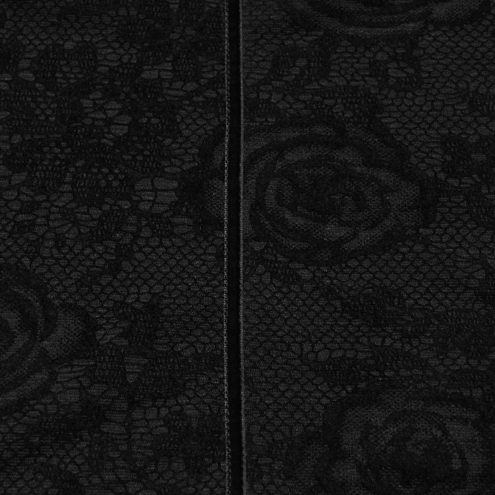 Detail of Women's Gothic Rose Lace Long-Sleeved Mesh Top with sheer black lace and textured rose pattern.