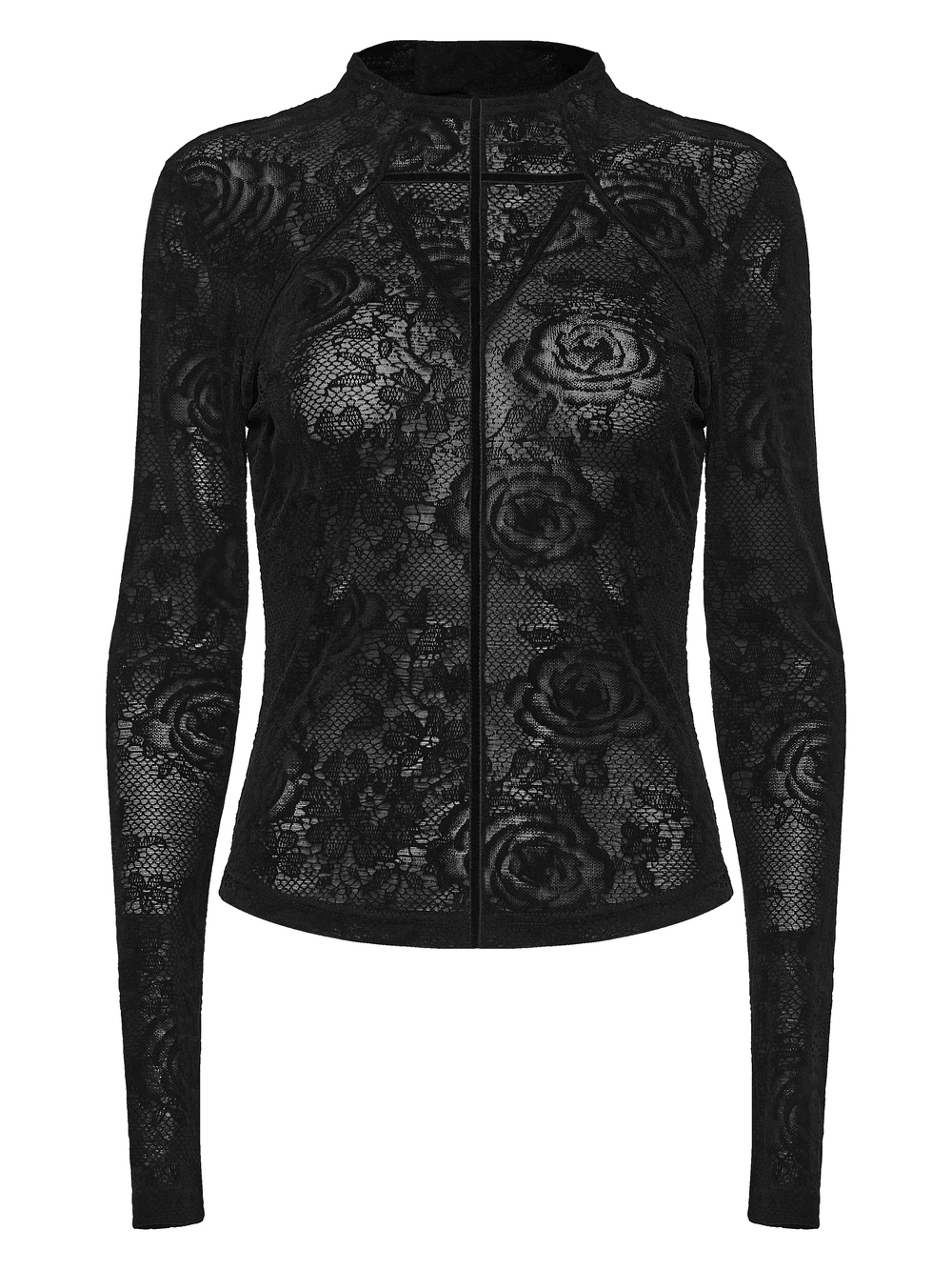 Women's Gothic Rose Lace Long-Sleeved Mesh Top featuring a sheer rose lace pattern and a high neckline.