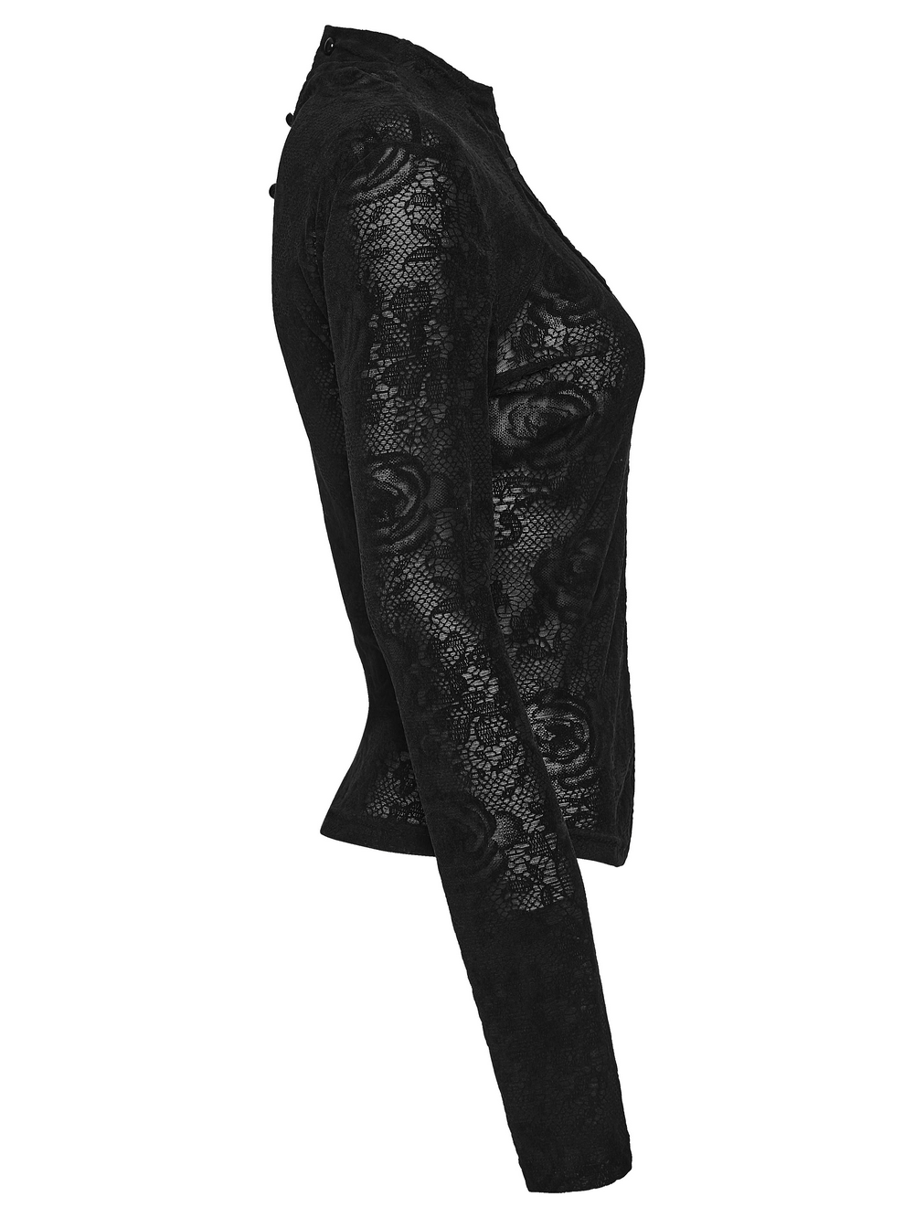 Women's Gothic Rose Lace Long-Sleeved Mesh Top showcasing sheer rose lace and a fitted silhouette.