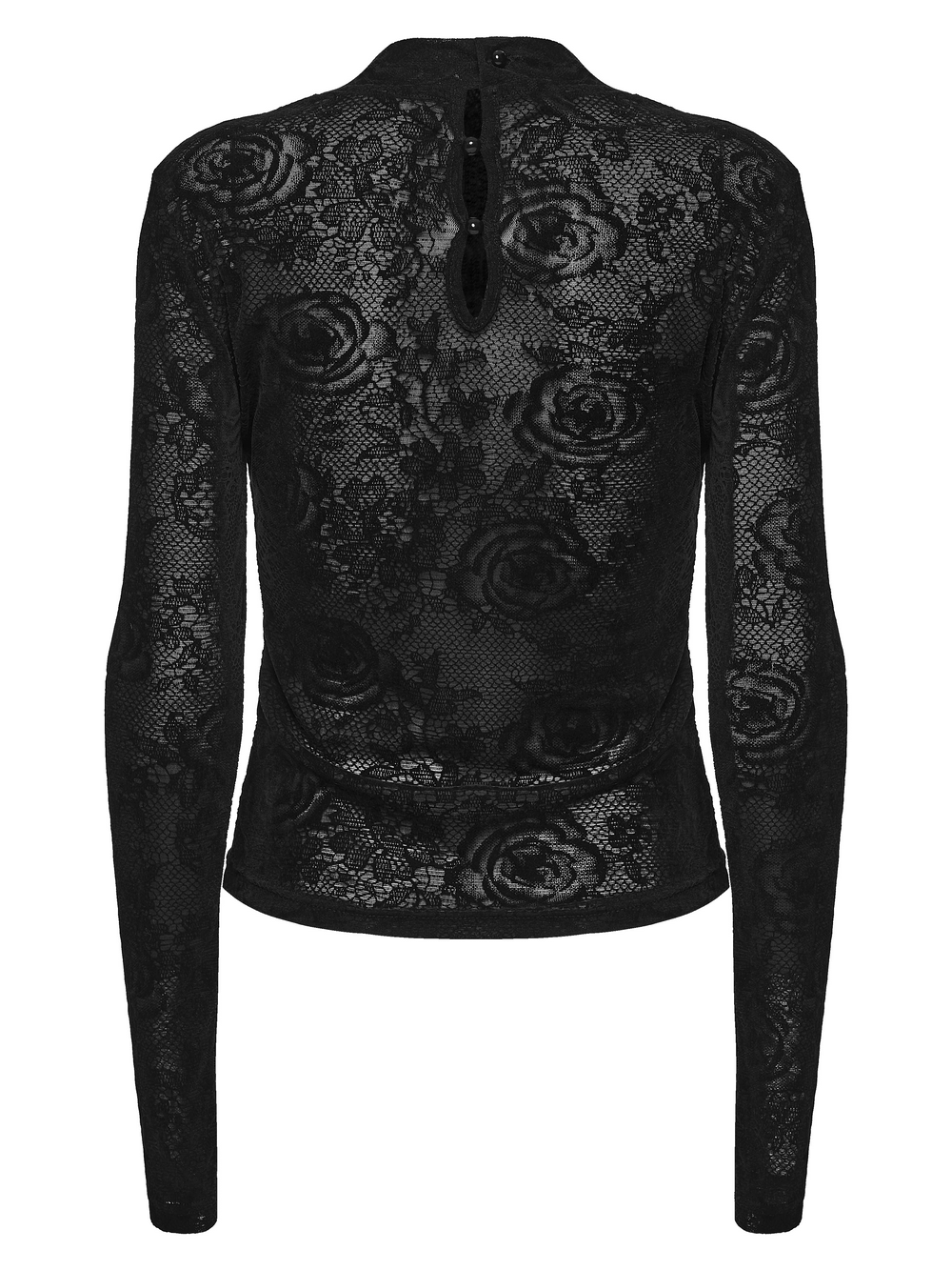 Women's Gothic Rose Lace Long-Sleeved Mesh Top showcasing elegant sheer rose lace design and back button detail.