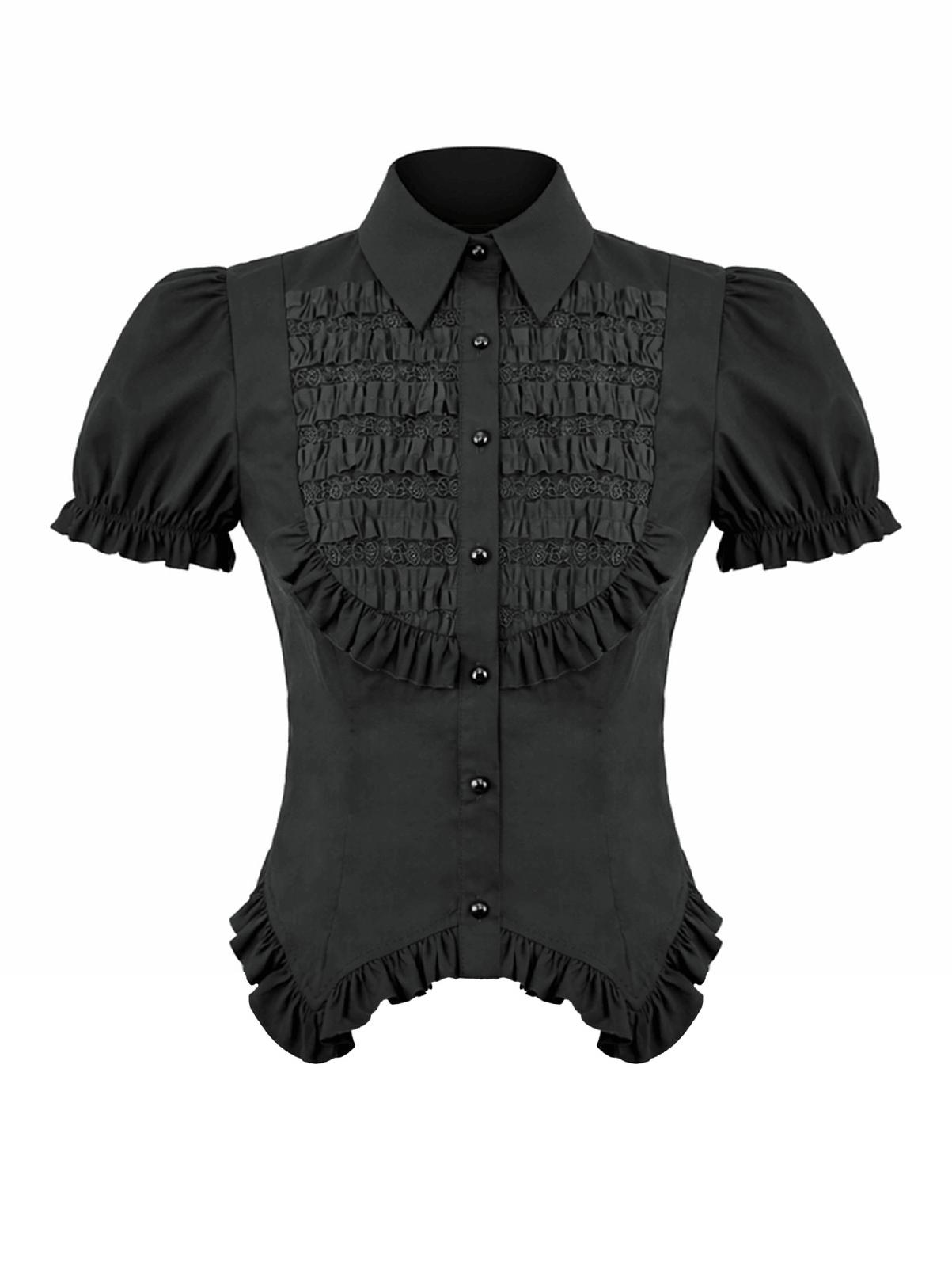 Women's Gothic Ruffle Puff Sleeved Victorian Blouse with lace trim and button front design.