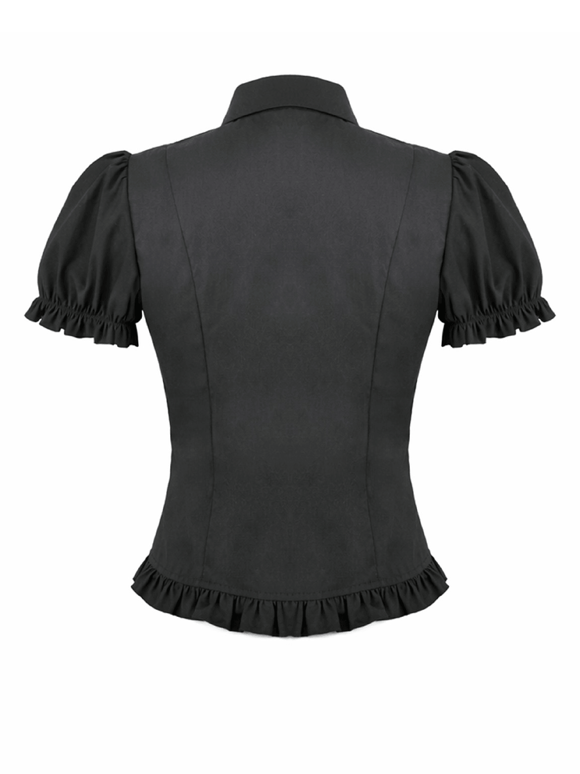 Back view of Women's Gothic Ruffle Puff Sleeved Victorian Blouse showing ruffle detailing and fitted silhouette.