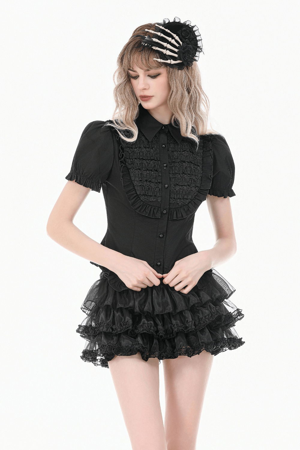 Women's Gothic Ruffle Puff Sleeved Victorian Blouse with layered ruffles and lace trim perfect for gothic fashion.