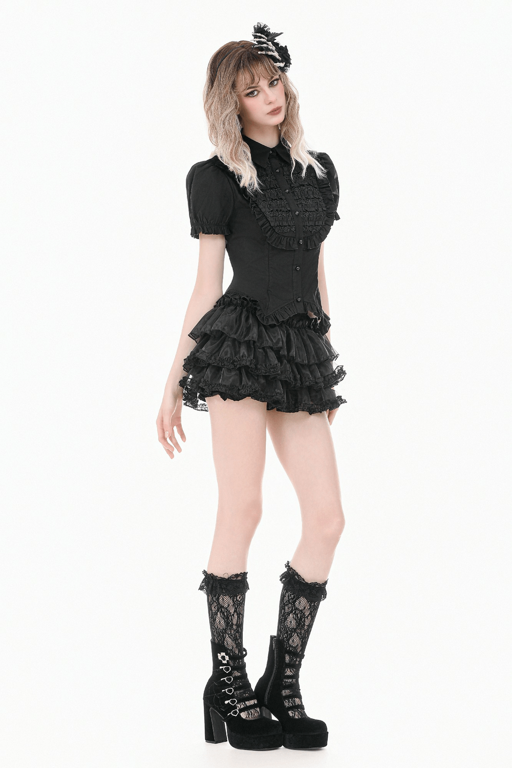 Women's Gothic Ruffle Puff Sleeved Victorian Blouse displayed on a model wearing lace-trimmed puff sleeve top and ruffled skirt.