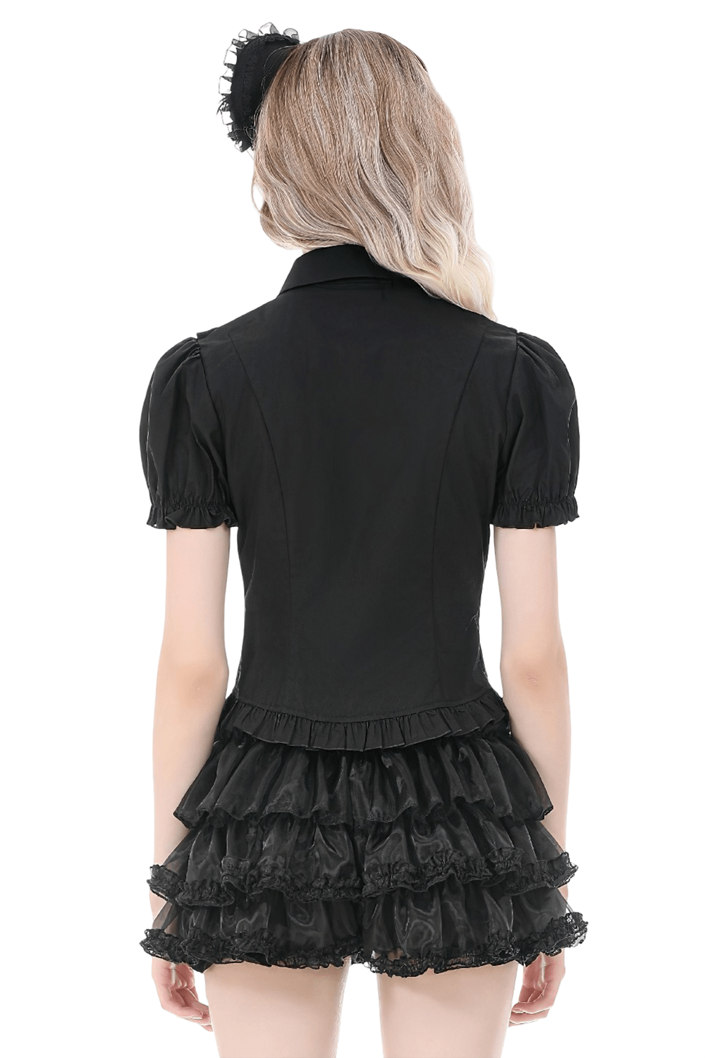 Women's Gothic Ruffle Puff Sleeved Victorian Blouse back view showcasing ruffle detailing and elegant puff sleeves.