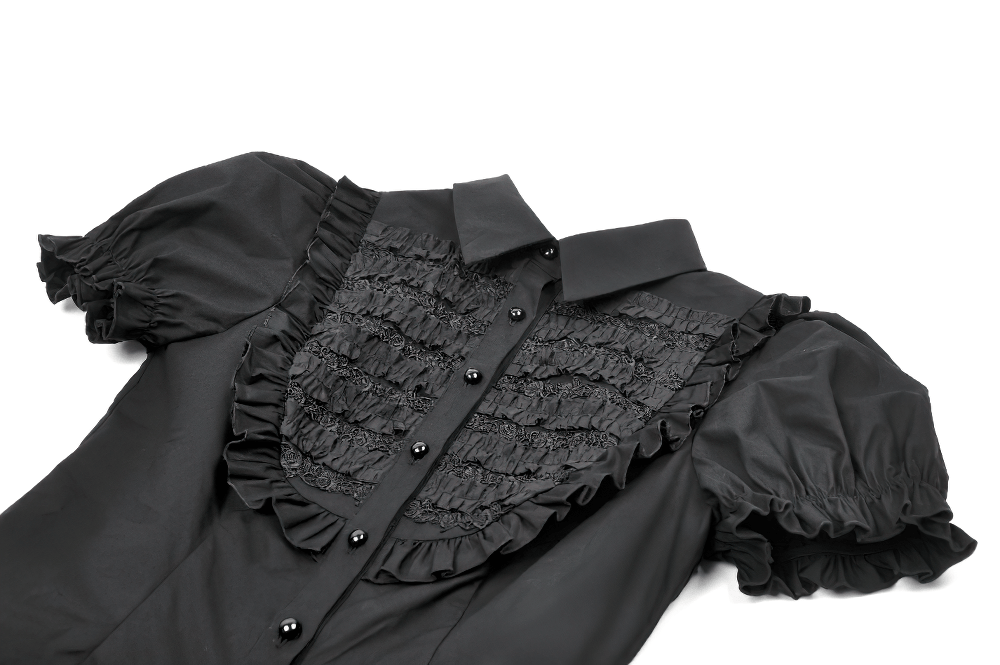 Women's Gothic Ruffle Puff Sleeved Victorian Blouse with lace trim and ruffle detailing.