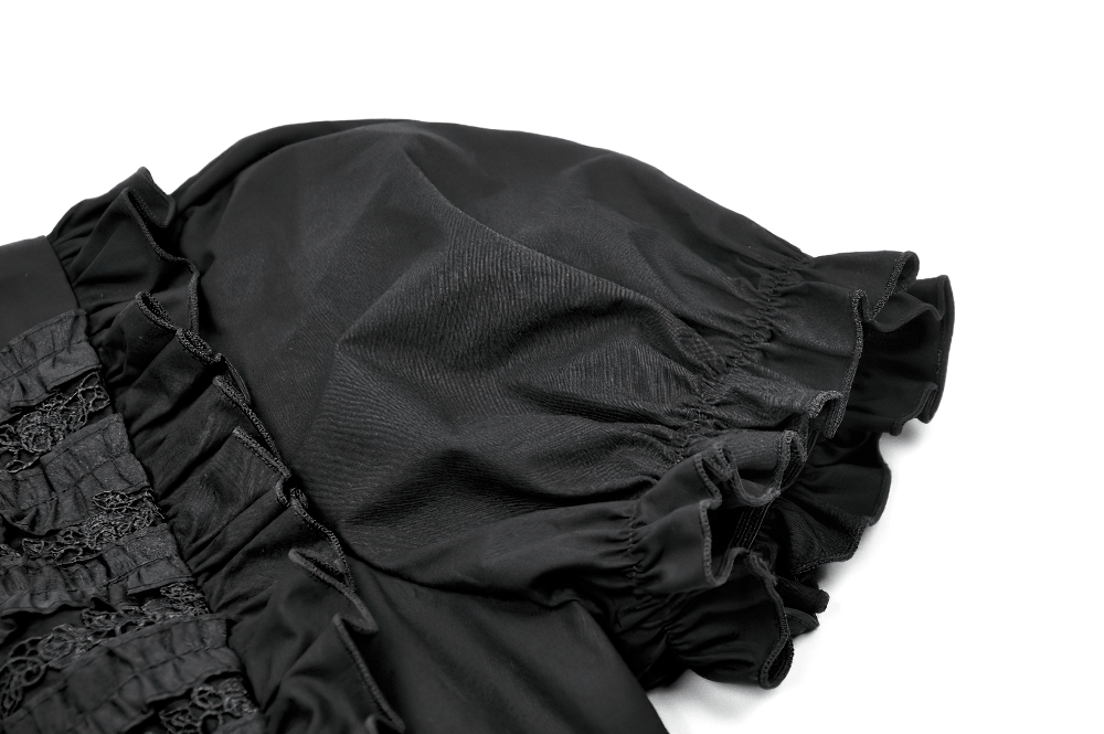 Women's Gothic Ruffle Puff Sleeved Victorian Blouse with ruffle and lace detailing close-up