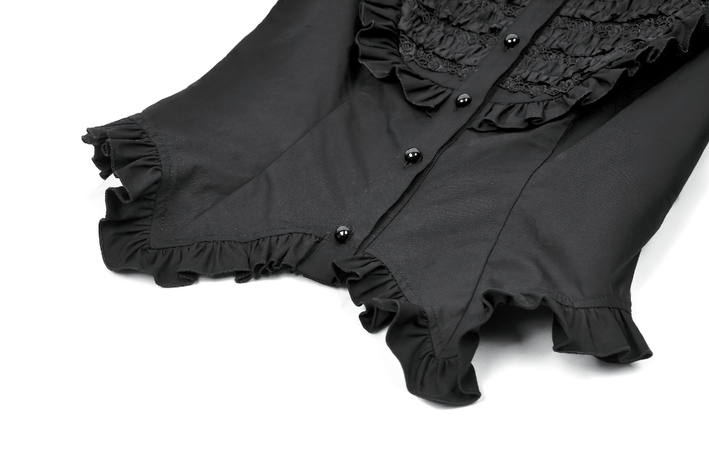 Women's Gothic Ruffle Puff Sleeved Victorian Blouse featuring layered ruffles and lace trim details.