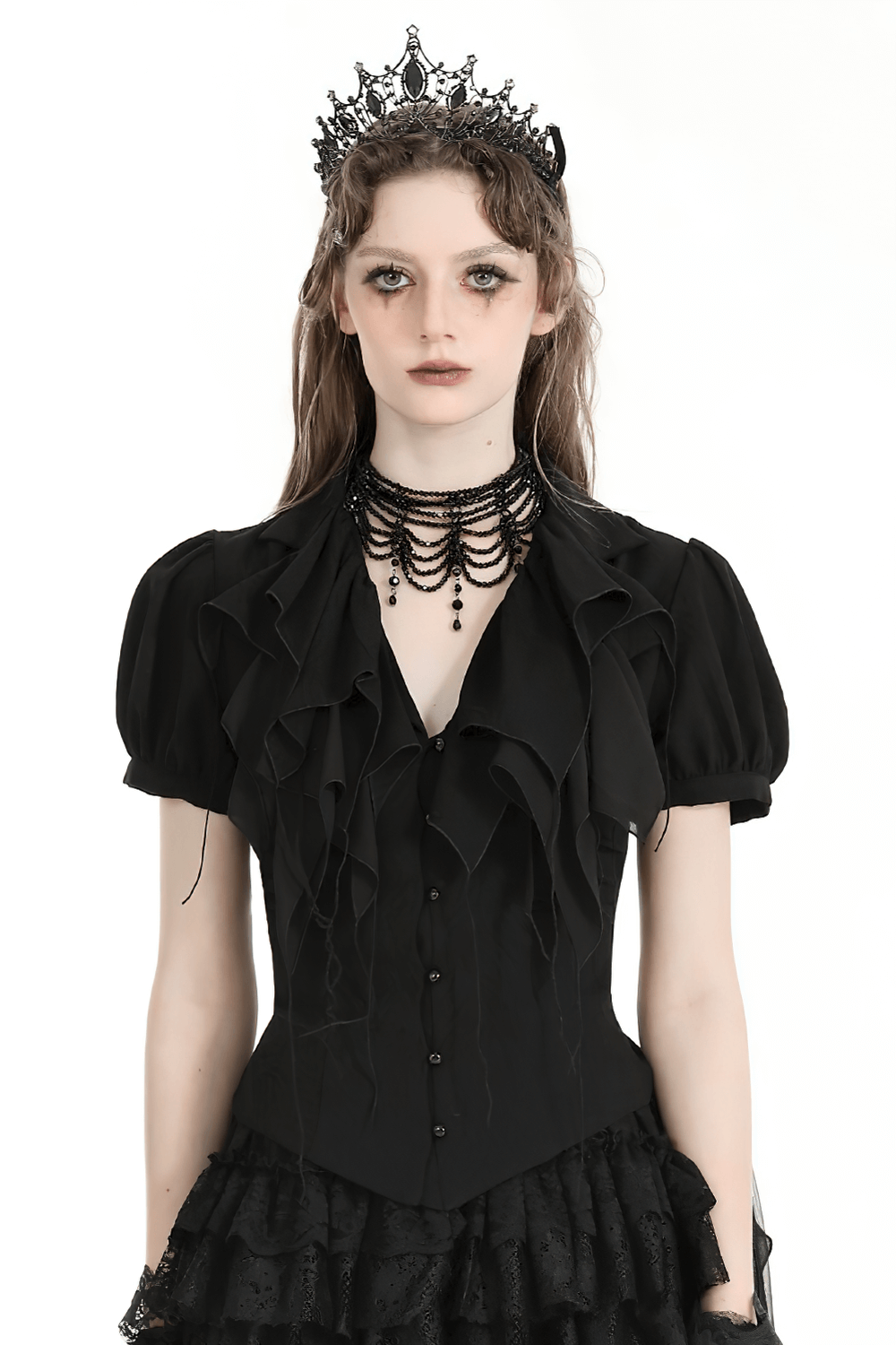 Women's Gothic Ruffled Blouse with Asymmetrical Hemline