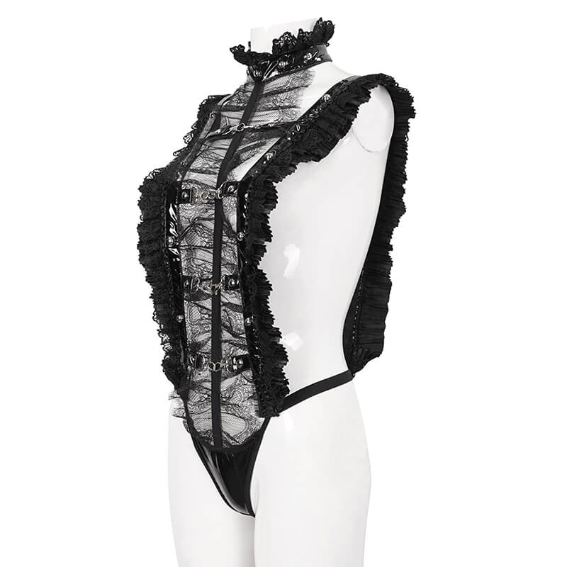 Elegant women's gothic ruffled lace bodysuit with stand collar and stretchy fit, perfect for alternative style.