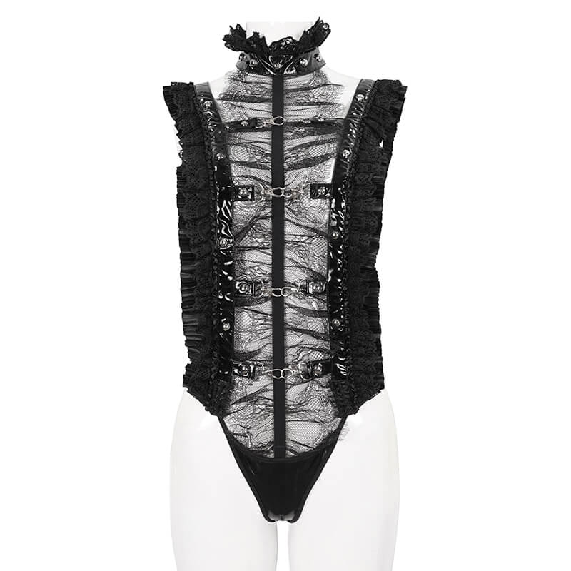 Women's Gothic Ruffled Lace Lingerie Bodysuit / Sexy Stretch Black Stand Collar Bodysuit - HARD'N'HEAVY