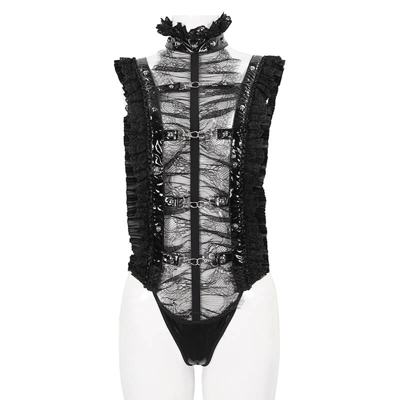 Gothic ruffled lace bodysuit with stand collar and metallic details in sexy black, perfect for alternative fashion lovers.