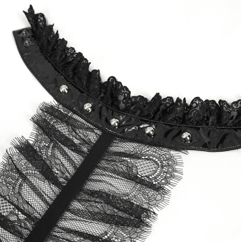 Close-up of women's gothic ruffled lace bodysuit collar, showcasing luxurious black lace and elegant ruffles with studded accents.