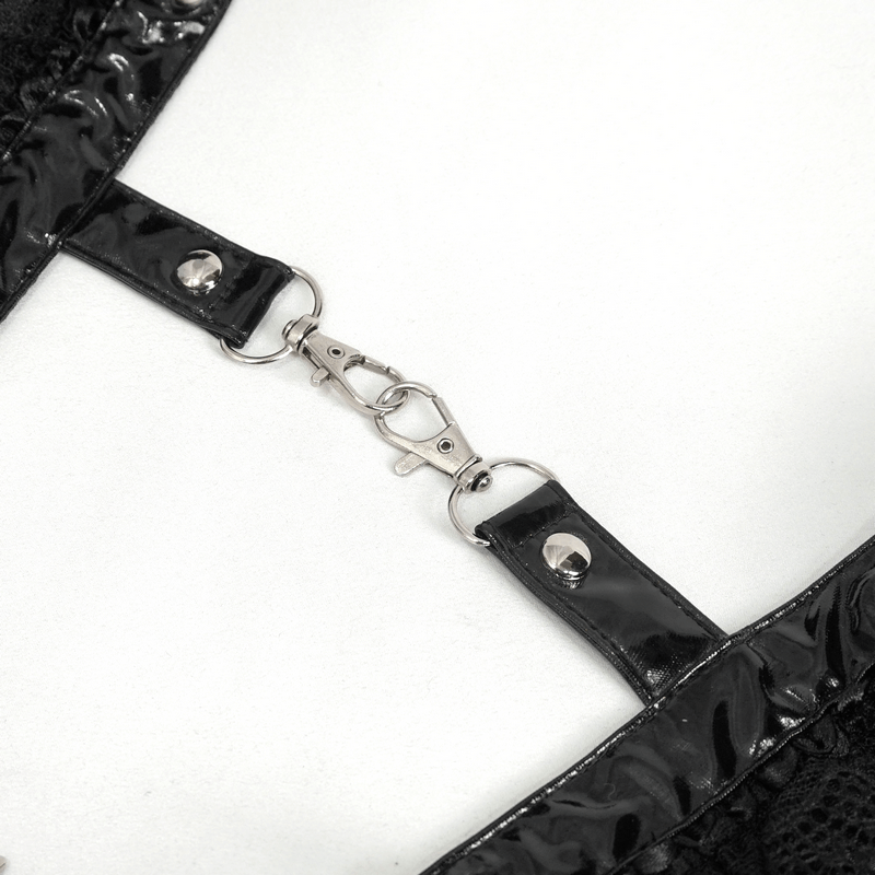 Close-up of the clasp detail on a women's gothic ruffled lace bodysuit, featuring shiny black straps.
