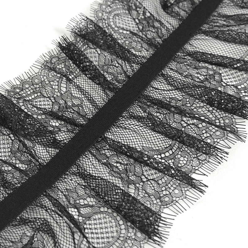 Close-up of intricate black ruffled lace detailing for women's gothic lingerie bodysuit, showcasing elegant design.