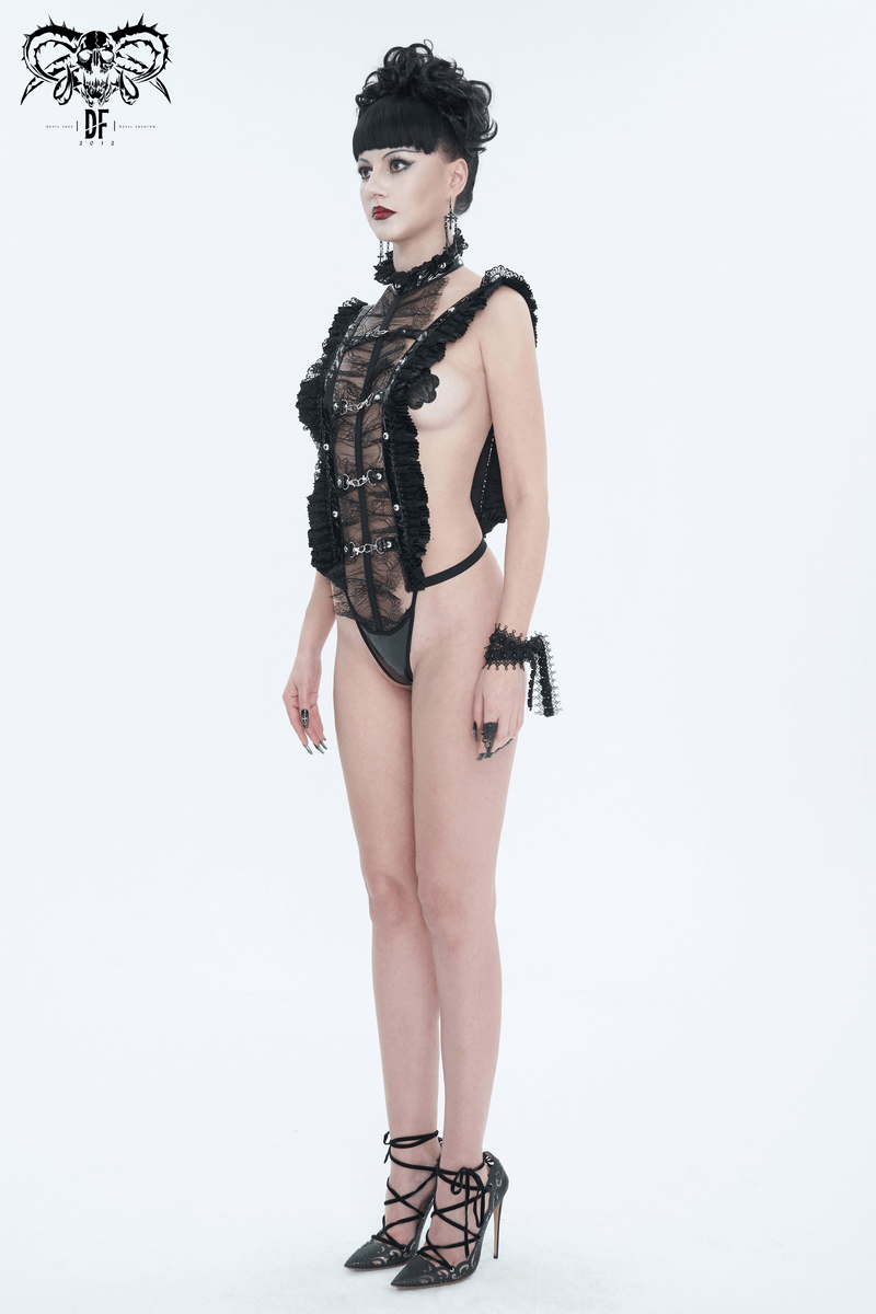 Women's gothic ruffled lace bodysuit showcasing elegant design and daring style with a stand collar and feminine accents.