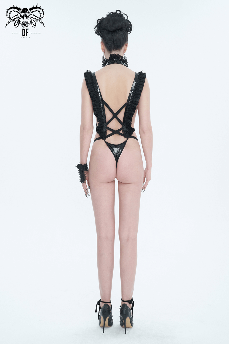Back view of a women's gothic ruffled lace bodysuit showcasing seductive design and flattering fit.
