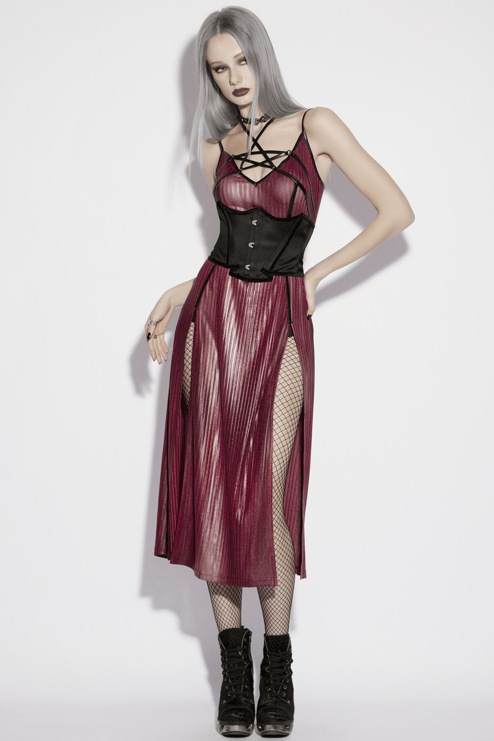 Women's Gothic Satin Underbust Corset with Lace Up displayed on a model in a striking outfit.
