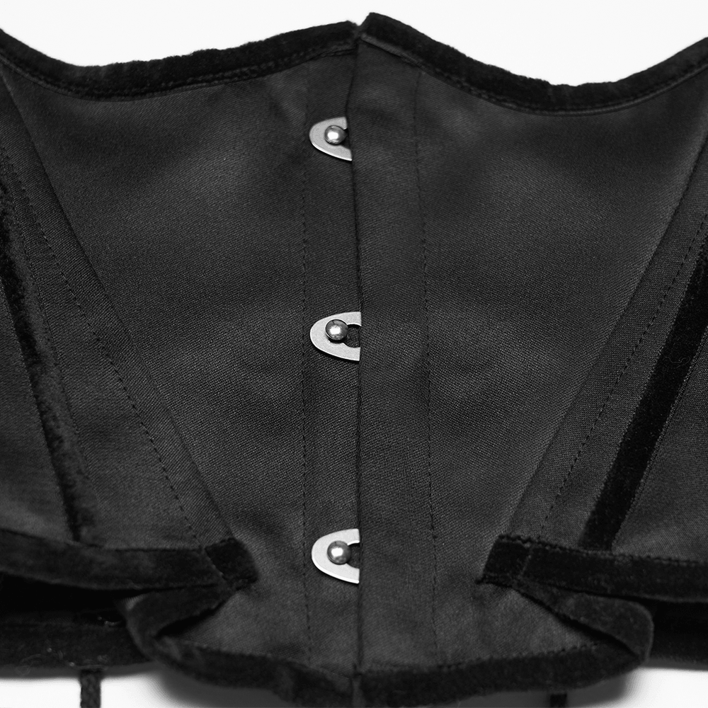 Women's Gothic Satin Underbust Corset with Lace Up detail, showing buttons and sleek design.