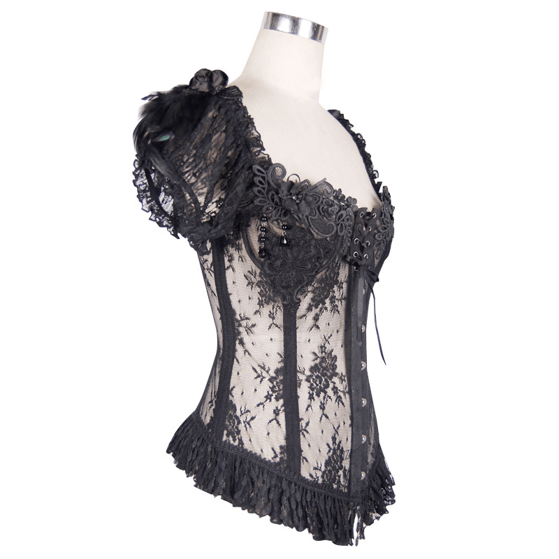 Elegant women's black lace corset with transparent design and floral details, perfect for gothic style.