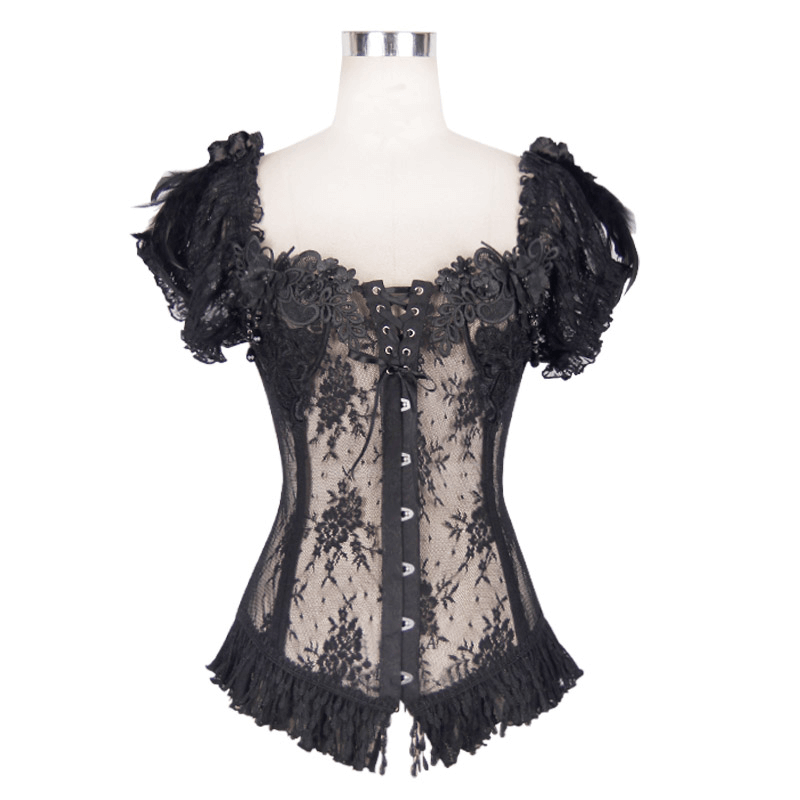 Women's gothic black lace corset with floral details and feather accents for an elegant look.