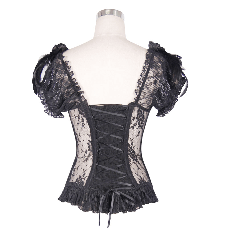 Elegant black lace corset with feather details showcasing a vintage gothic design from the back.