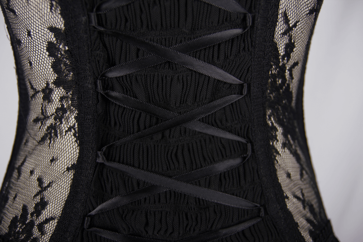 Close-up of a women's gothic black lace corset with intricate lace details and elegant lacing.
