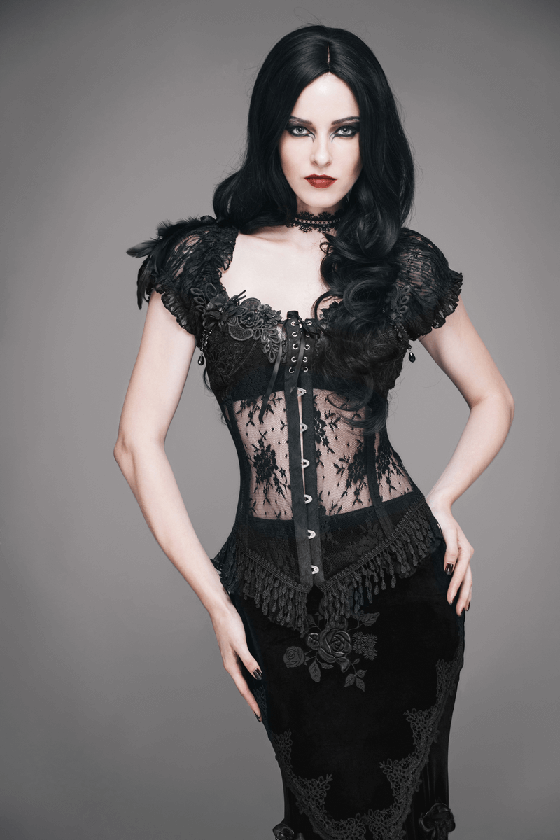 Women's Gothic See Through Lace Up Corset With Feather & Flowers / Elegant Sexy Lace Black Corsets - HARD'N'HEAVY