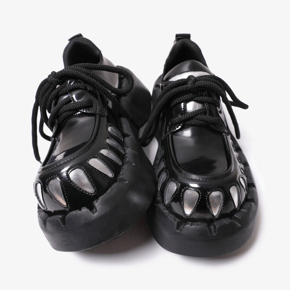 Women's Gothic Silver Claw Platform Lace-Up Shoes with black patent finish, silver claw accents, and chunky soles