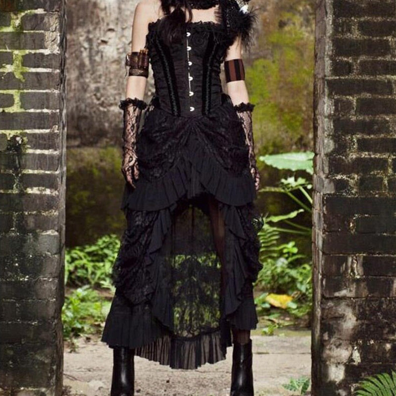 Gothic Victorian long skirt with lace and ruffles, perfect for steampunk or retro outfits, featured in an outdoor setting.