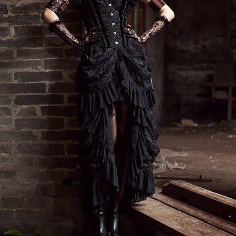 Elegant Victorian high waist gothic long skirt with unique asymmetrical cut and ruffled layers.