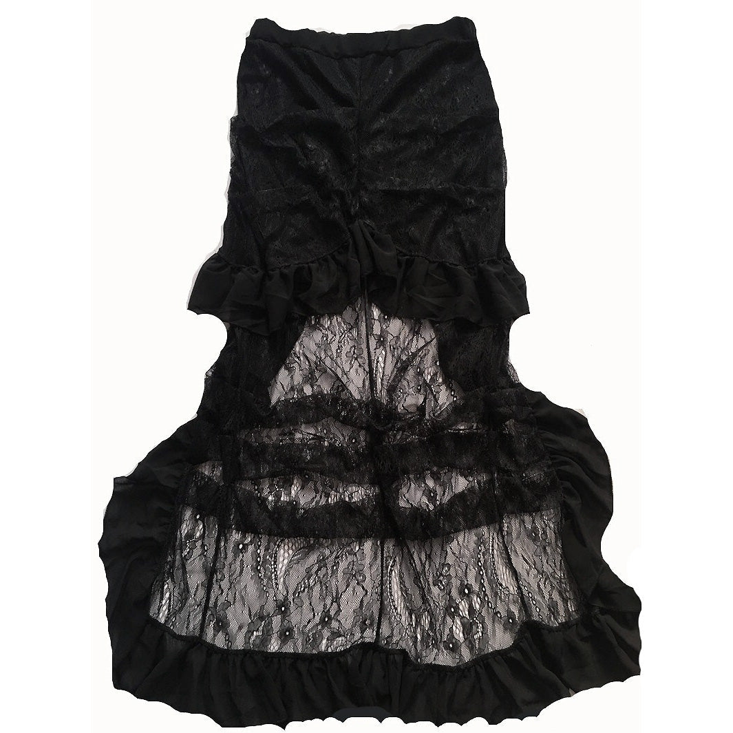 Elegant black Gothic Victorian high waist long skirt with lace and ruffles for unique retro outfits.
