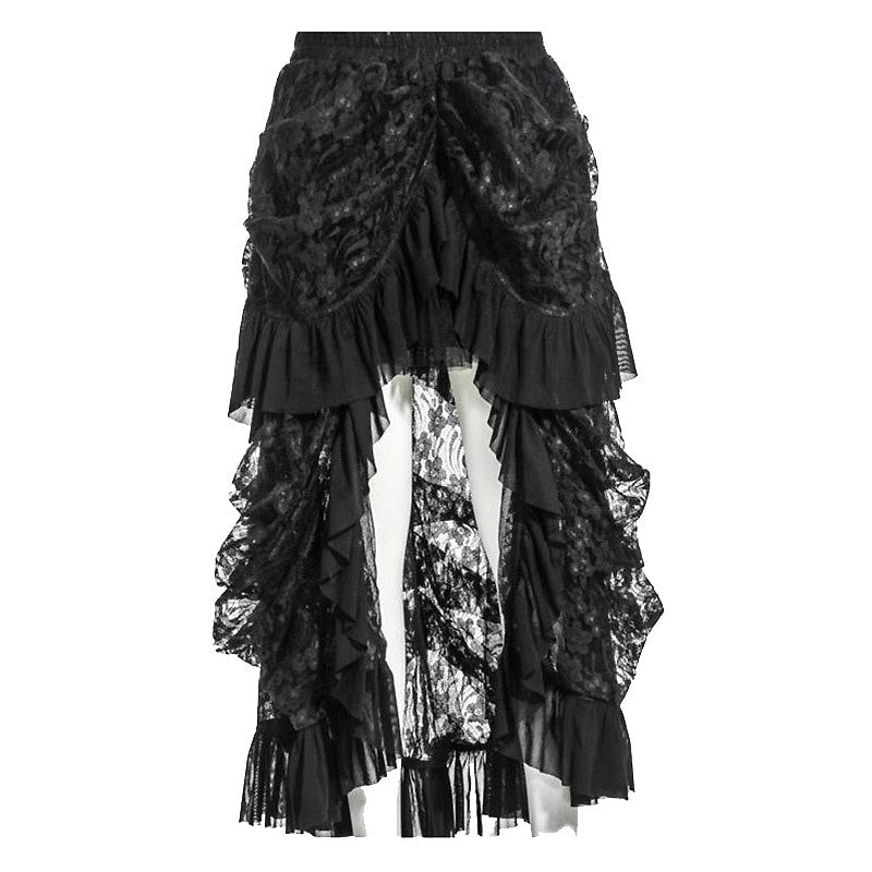Elegant black Victorian skirt with dramatic ruffles and asymmetrical cut, perfect for Gothic and steampunk outfits.