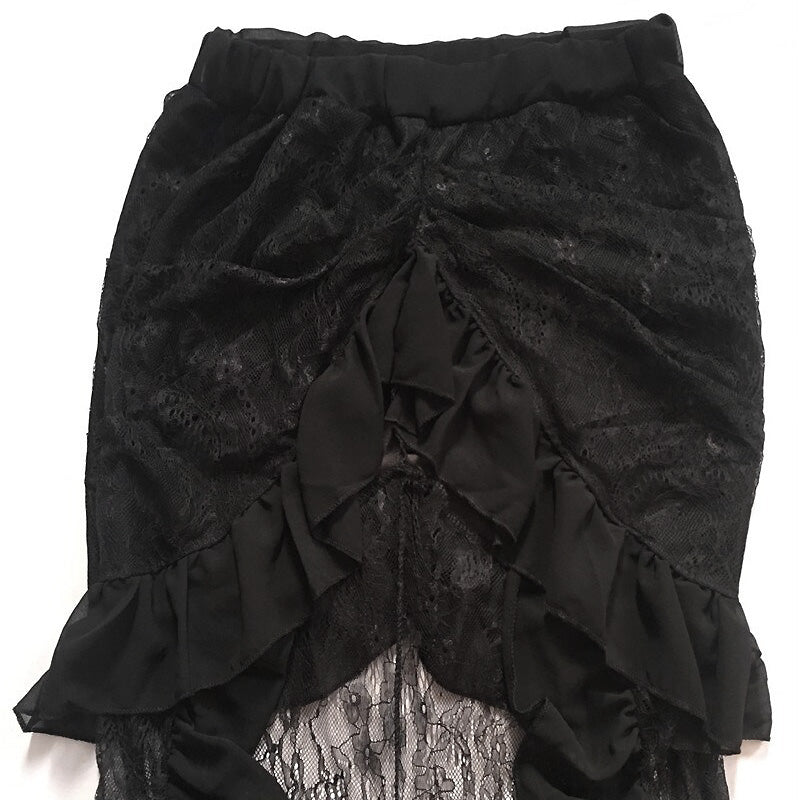 Elegant black Victorian high waist skirt with ruffles, featuring lace and asymmetrical cut for a unique gothic style.