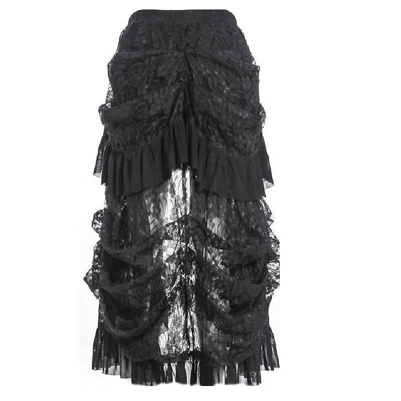 Elegant black Victorian skirt with ruffles, high waist, and asymmetrical cut for a unique Gothic look.