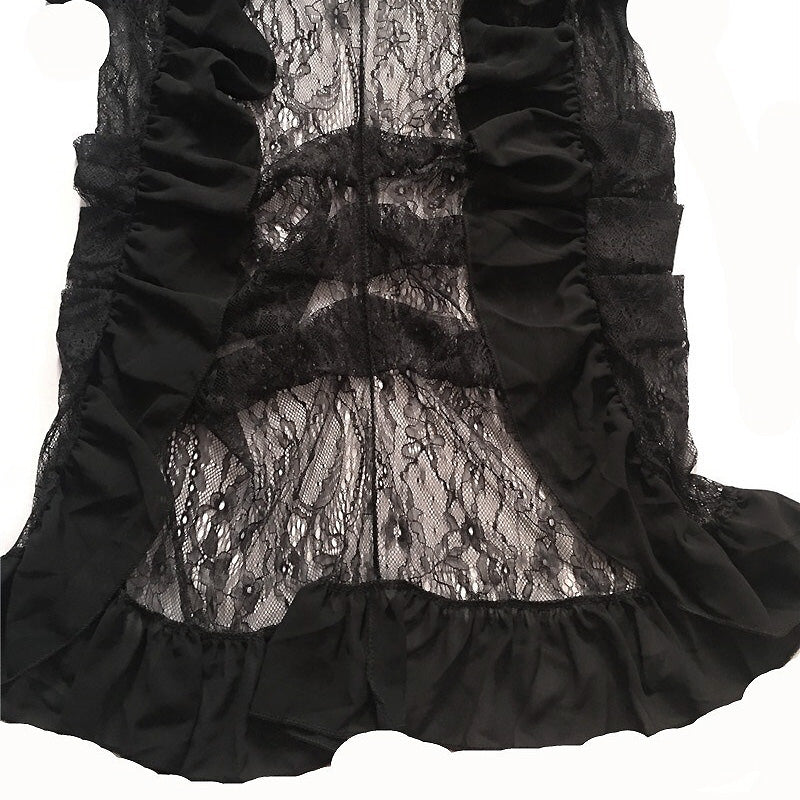 Elegant black lace dress with ruffles for a gothic and Victorian-inspired look, perfect for steampunk outfits.