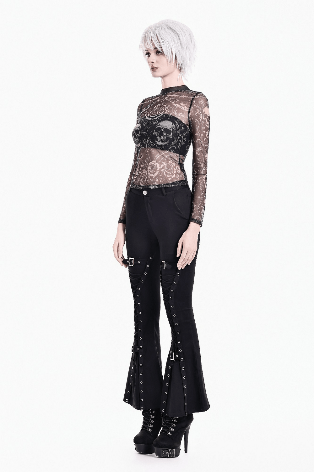 Women's Gothic Skull and Rose Mesh Long Sleeve Sheer Top black sheer gothic floral skull print layering top