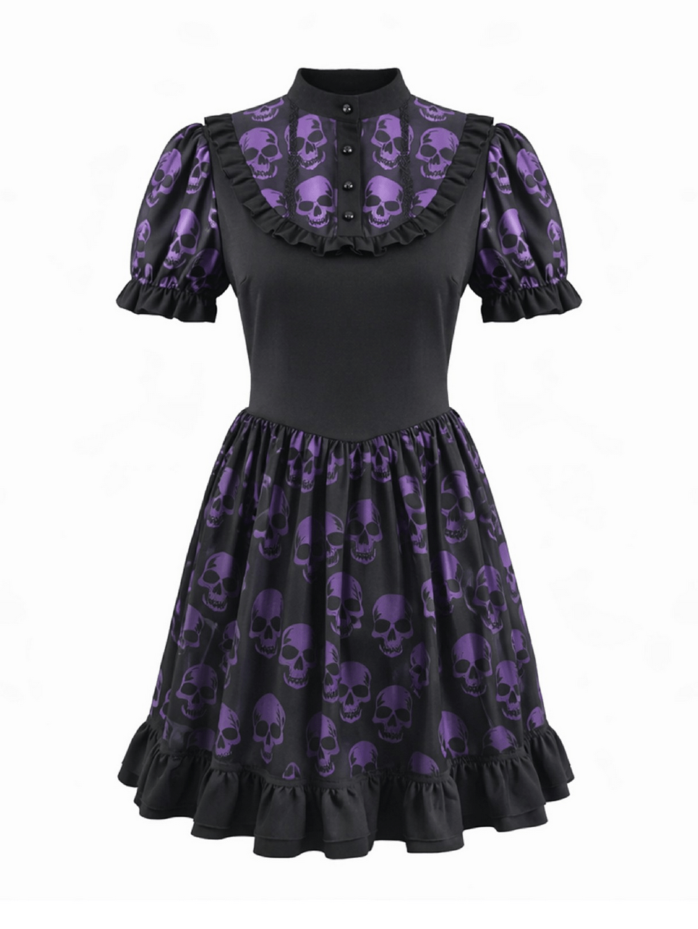 Women's Gothic Skull Print Mini Dress with Puff Sleeves featuring bold skull prints and stylish puff sleeves.