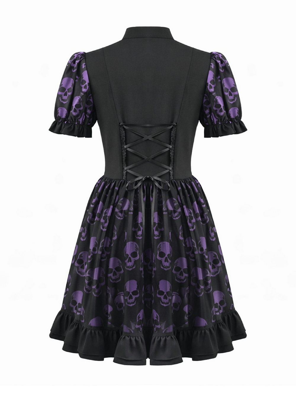 Women's Gothic Skull Print Mini Dress with Puff Sleeves showcasing a lace-up back and stylish puff sleeves.