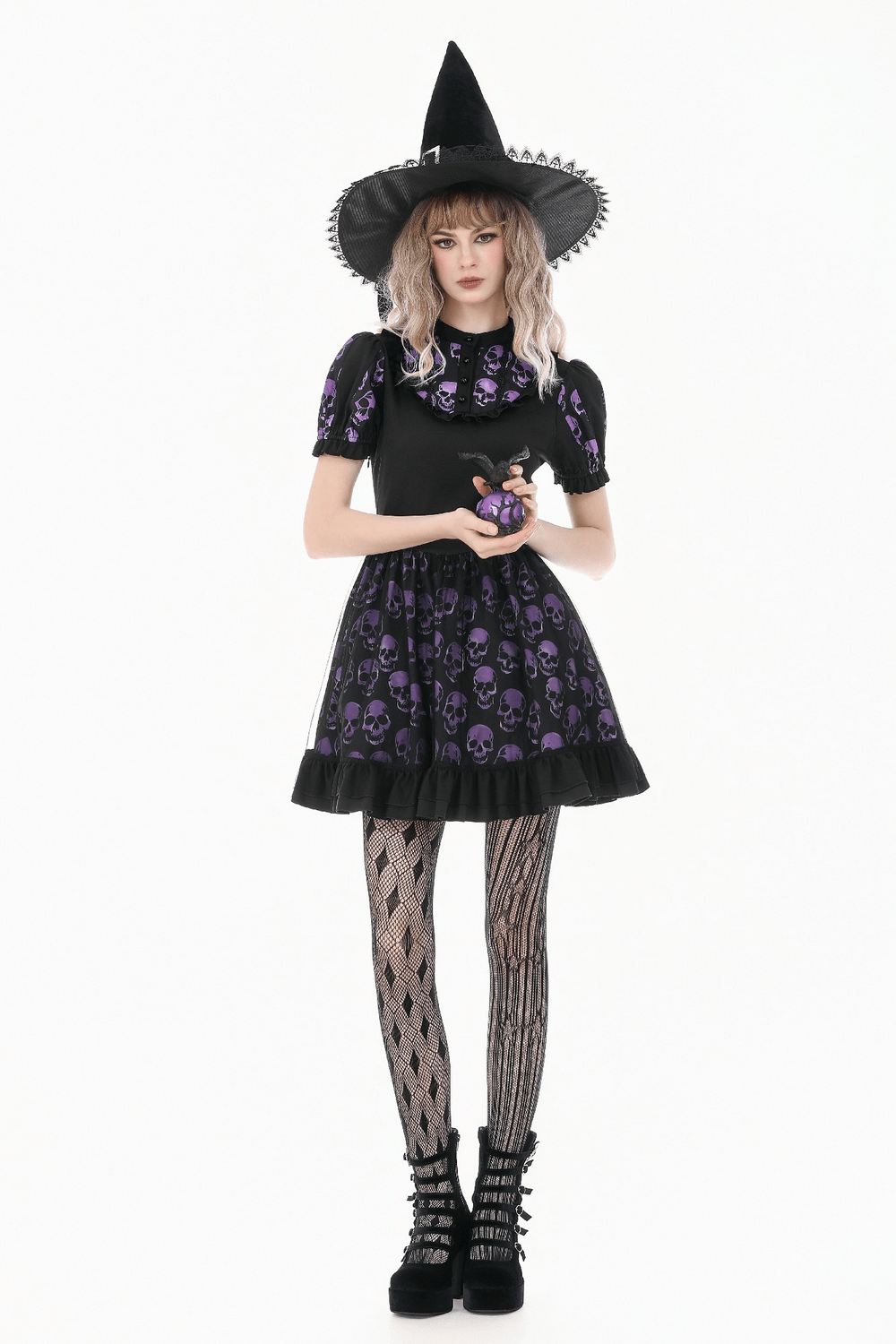 Women's Gothic Skull Print Mini Dress with Puff Sleeves featuring matching witch hat and accessories.