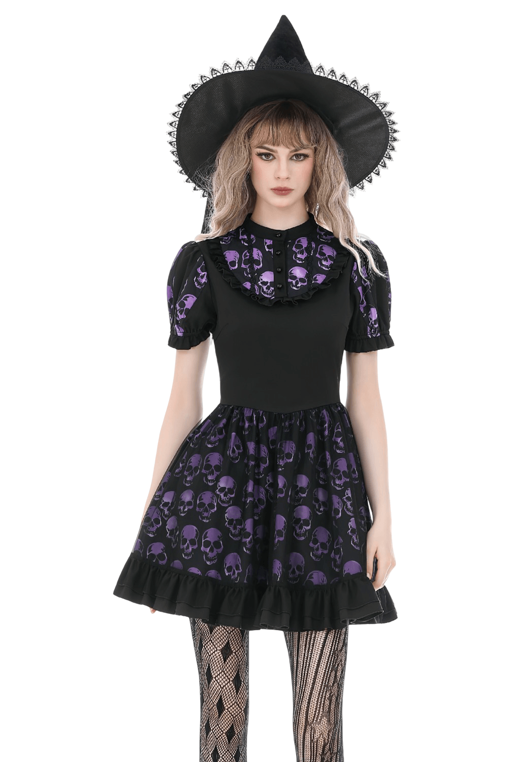 Women's Gothic Skull Print Mini Dress with Puff Sleeves featuring a stylish design and spooky skulls.