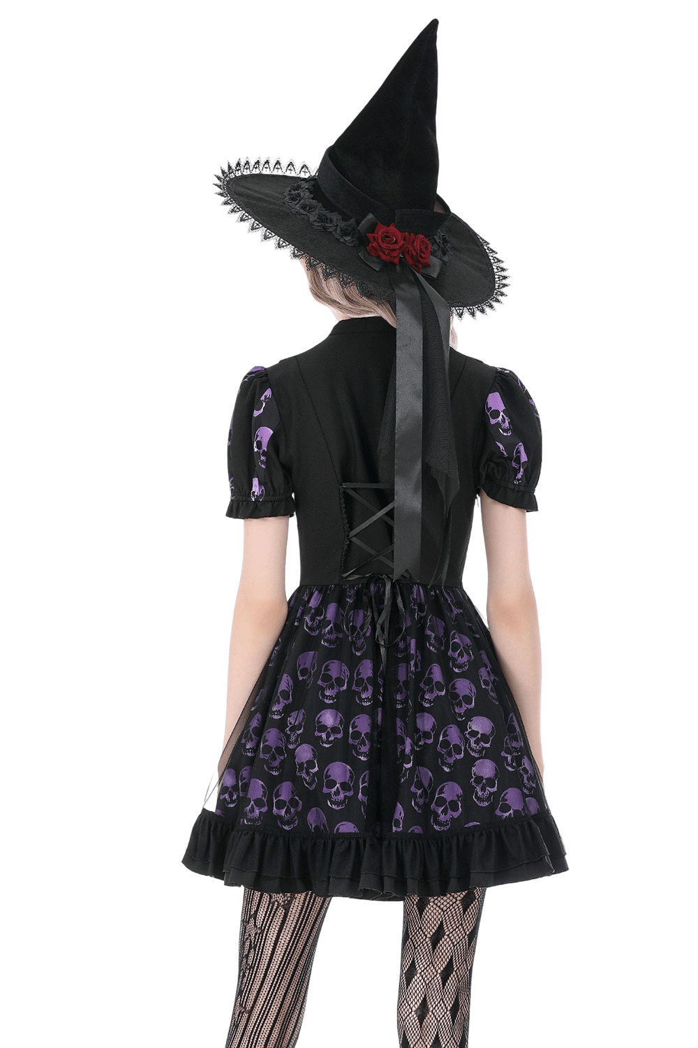 Women's Gothic Skull Print Mini Dress with Puff Sleeves featuring purple skull design and witch hat.