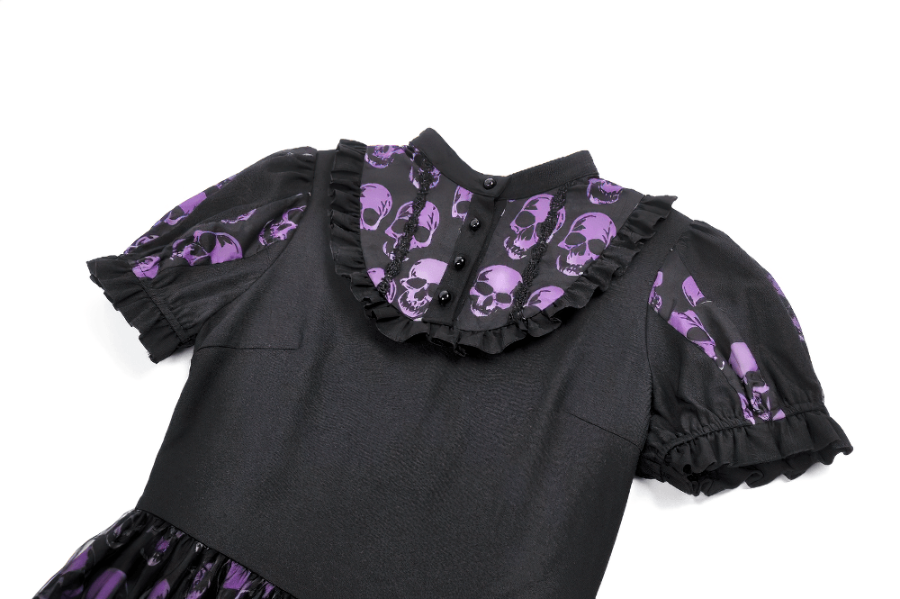 Women's Gothic Skull Print Mini Dress with Puff Sleeves featuring a stylish ruffled collar and vibrant skull patterns.